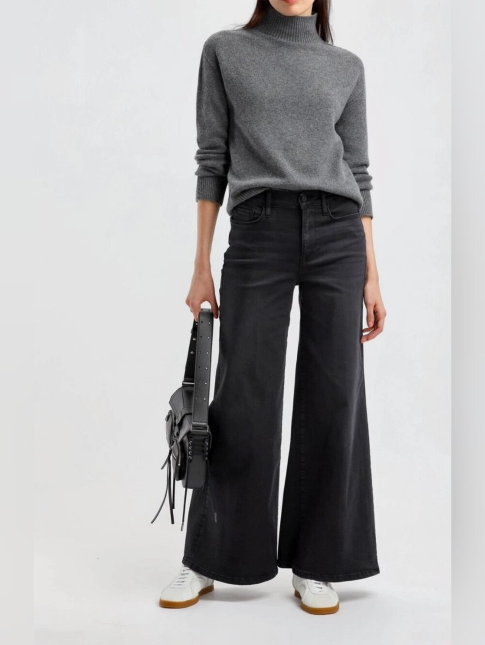 FRAME Le Palazzo High Rise Wide Leg Flare Jeans in Kerry Washed Black Size 27